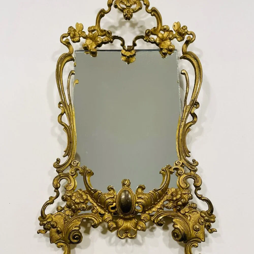Rococo Style Gilded Brass Floral Decorated Ornate Mirror